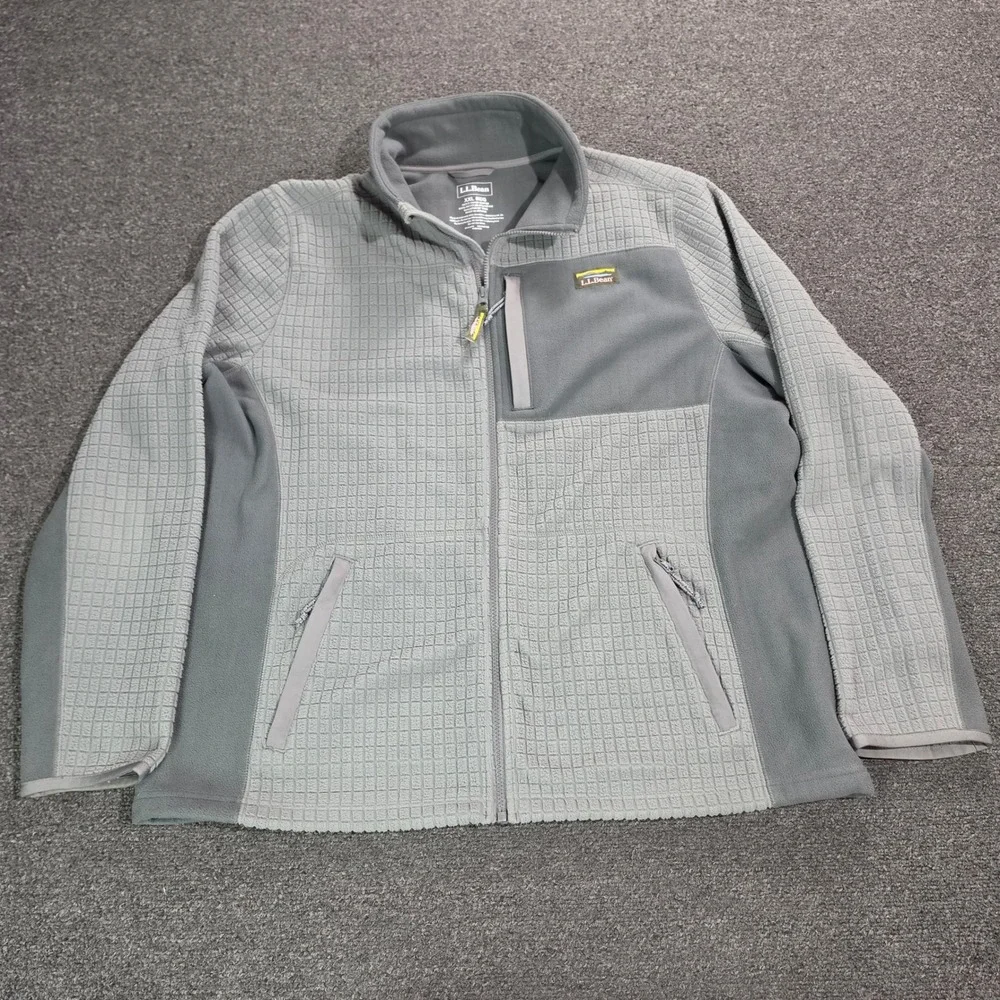 L.L.‎ Bean Fleece Jacket Mens XXL Gray Grid Tech Full Zip Sweater 508982 Hiking